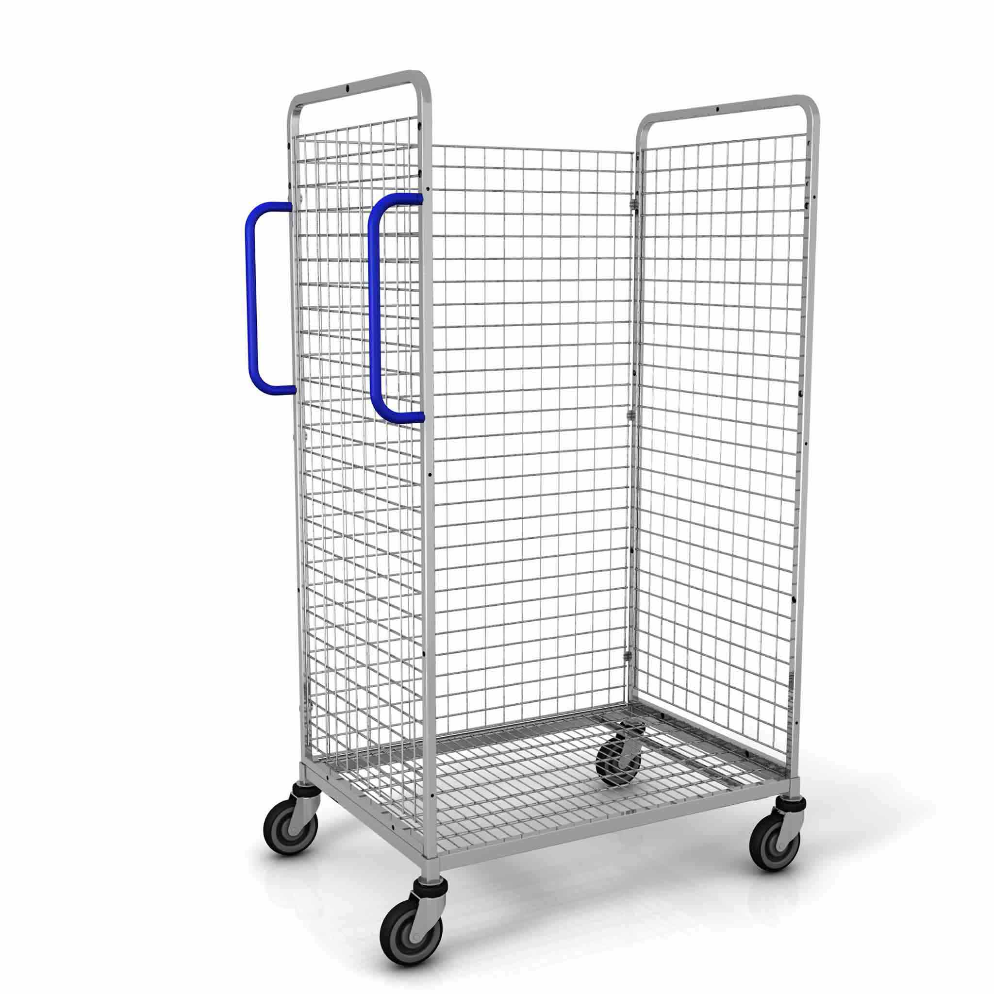 Kommissionierwagen_mit_Rueckwand Ansicht von schräg vorn auf einen Rollwagen mit vier Rollen, einer Bodenplatte aus Metallgitter und drei Wänden aus Metallgittern in einer Höhe von ca. 1 Meter. Auf der linken Seite sind zwei blaue Griffe angebracht.