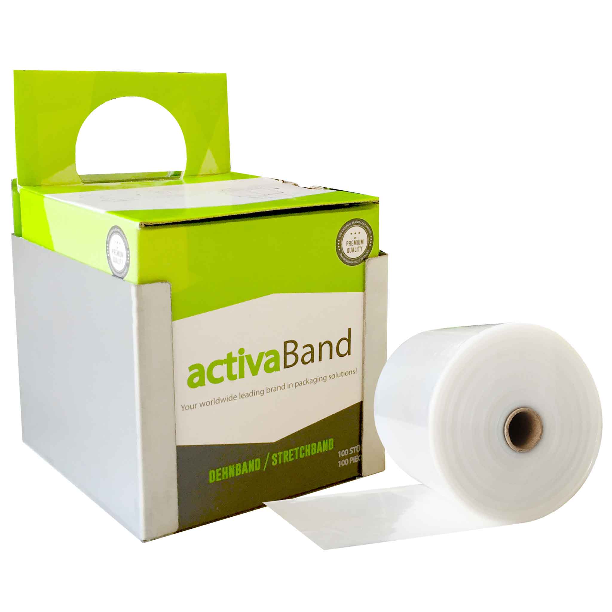 Magnethalter Dehnband Eine Rolle Dehnband, stehend vor einem Karton für Dehnband, der in einem Magnethalter aus Metal steht