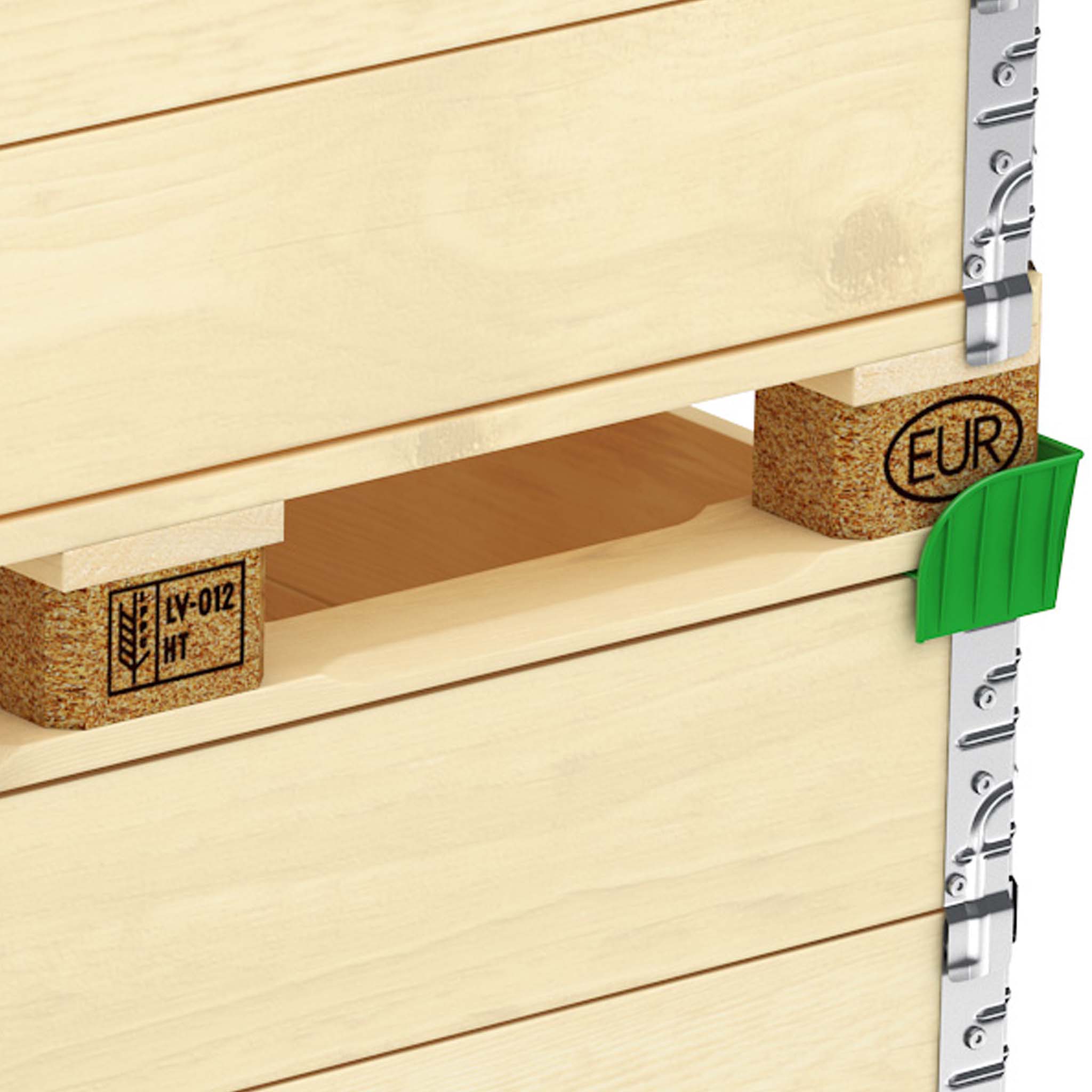Stapelecken für Holzaufsatzrahmen Ansicht auf die Ecke von einem Holzaufsatzrahmen mit Deckel. Hier ist eine grüne Stapelecke angebracht. Auf dieser steht eine Europalette mit weiterem Holzaufsatzrahmen