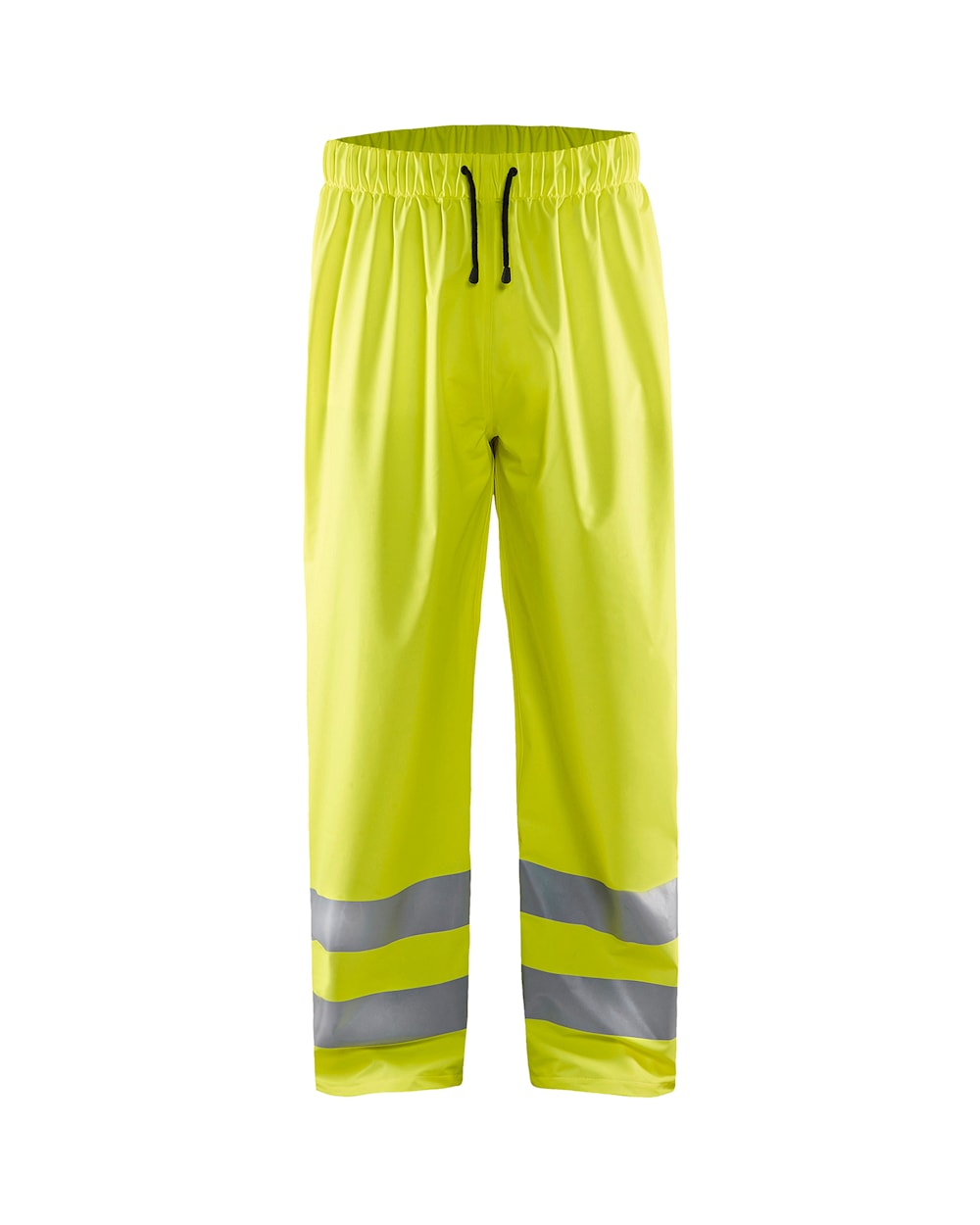 High Vis Regenhose Level 1 High Vis Gelb vorn gelbe Sicherheits-Arbeitshose mit reflektierenden Bändern um die unteren Beine und elastischem Bund mit schwarzem Kordelzug.