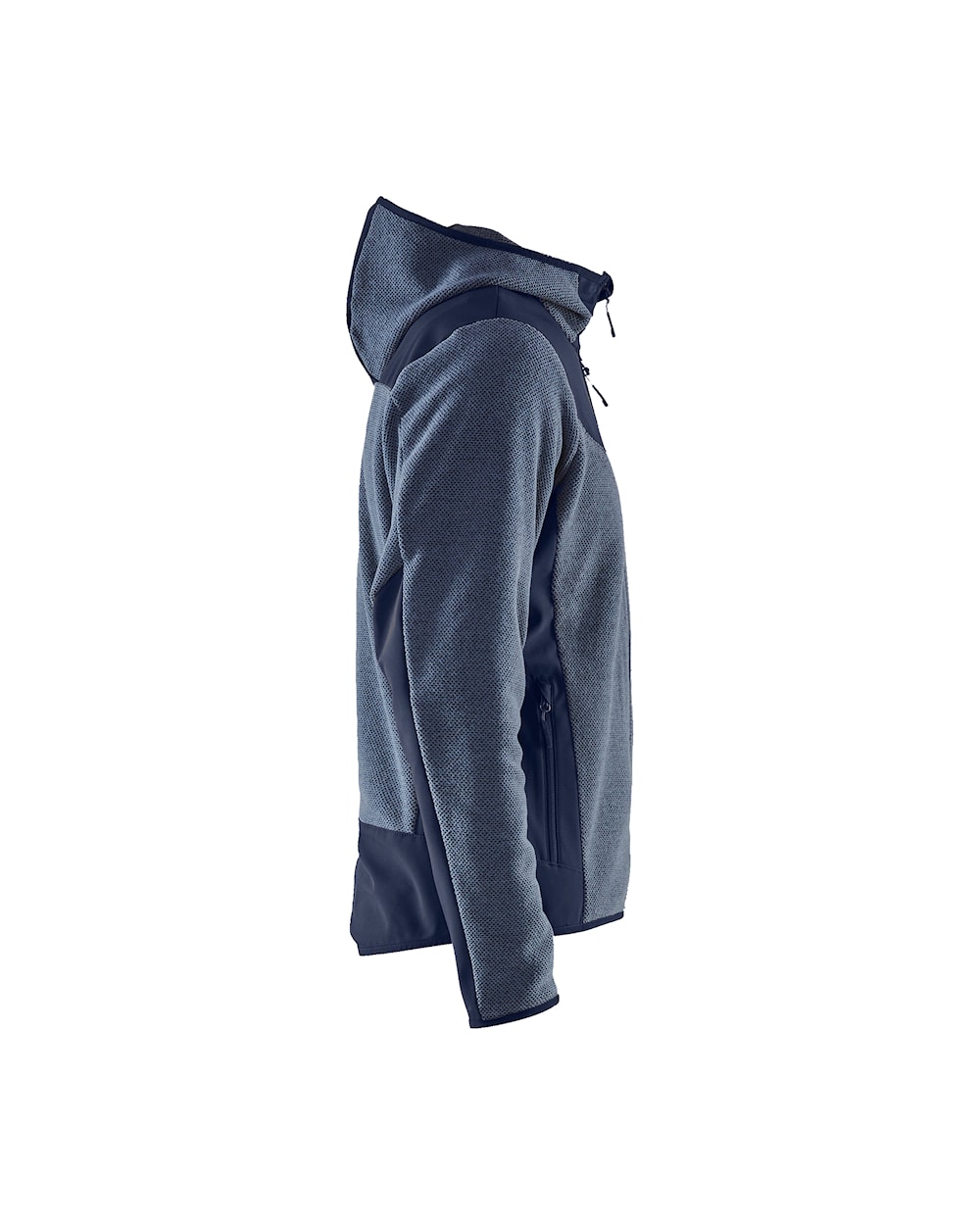Softshell-Strickjacke in grau/blau mit schwarzen Akzenten, Ansicht von rechts