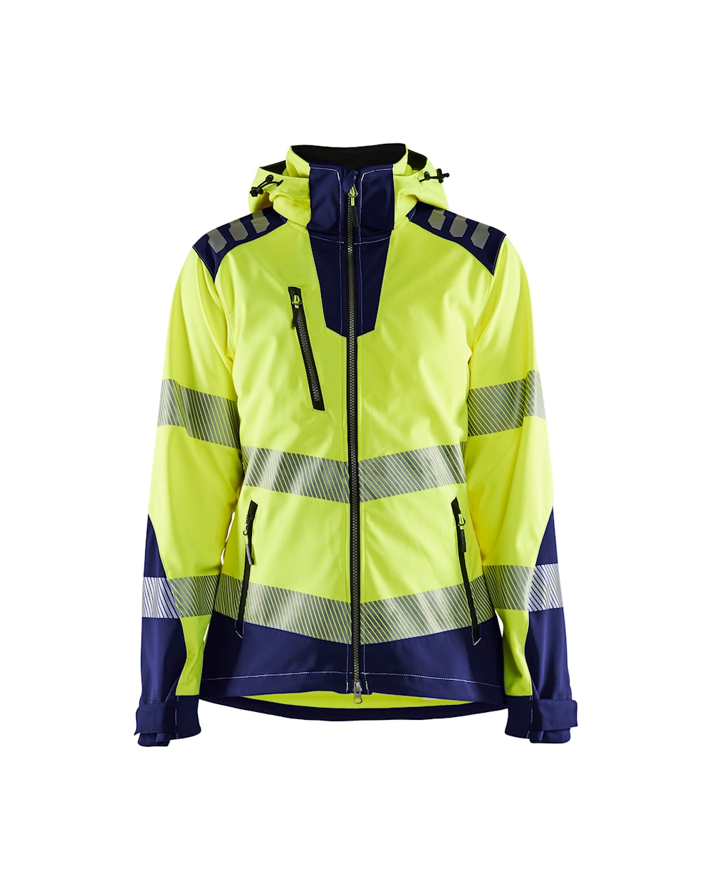 Damen Hi-Vis Jacke Softsh. high vis gelb / marineblau, vorne, DB Schenker