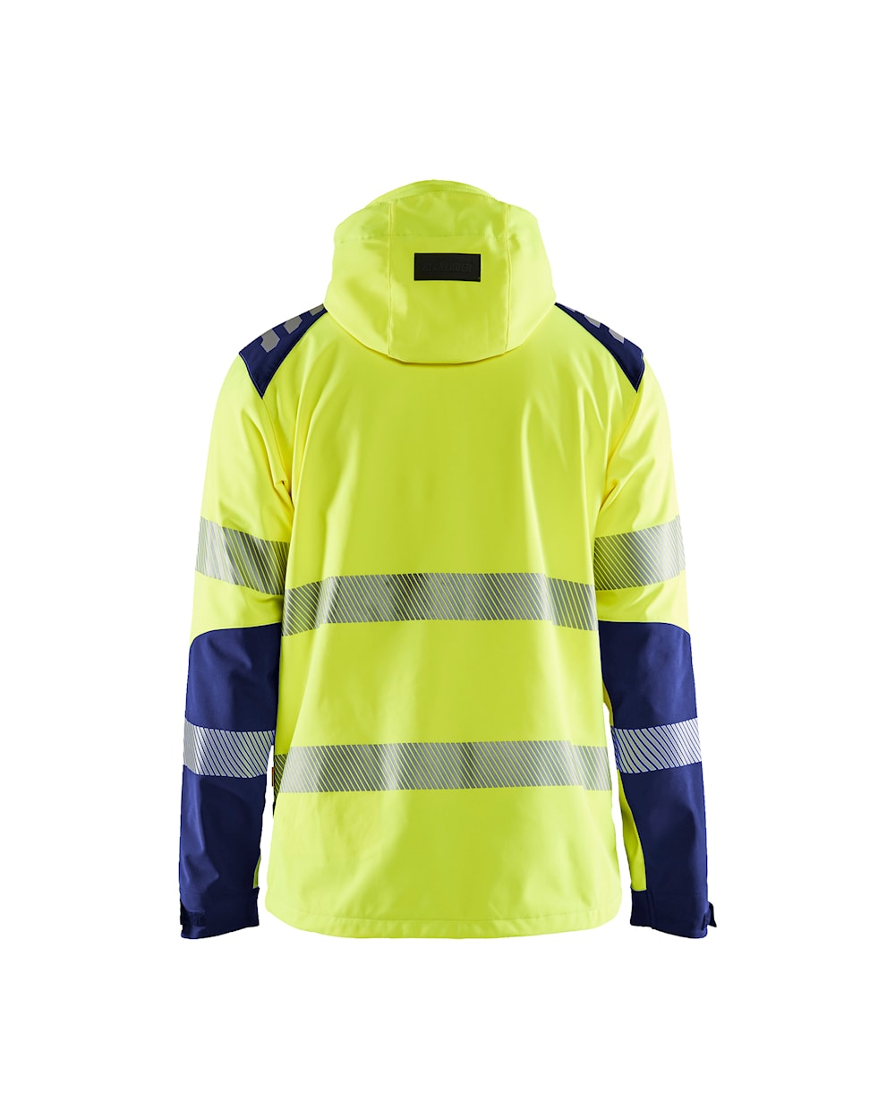 High Vis Softshell Jacke mit Kapuze high vis gelb / marineblau hinten, DB Schenker 