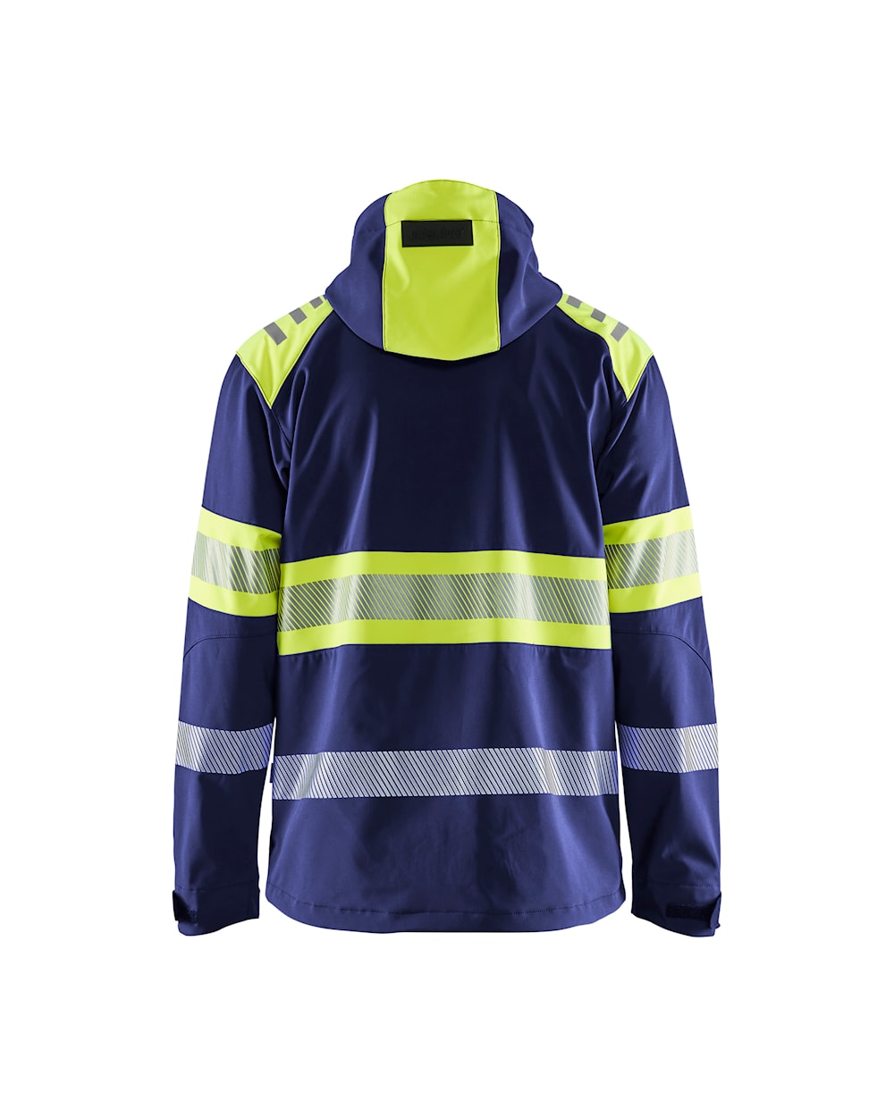 High Vis Softshell Jacke mit Kapuze marineblau / high vis gelb hinten High Vis Softshell Jacke mit Kapuze marineblau / high vis gelb hinten
