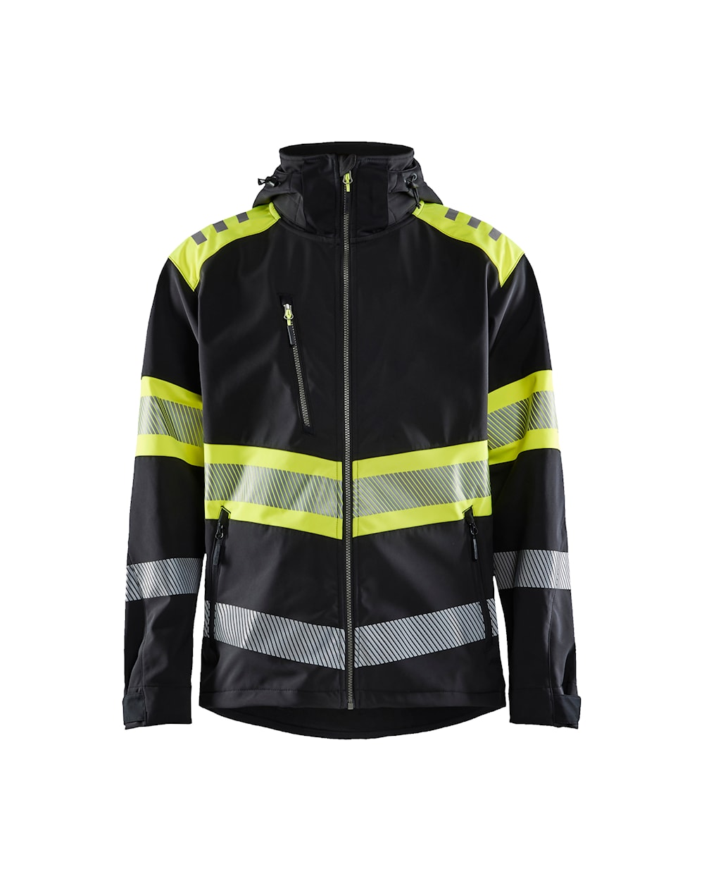 High Vis Softshell Jacke schwarz / gelb, vorn, DB Schenker