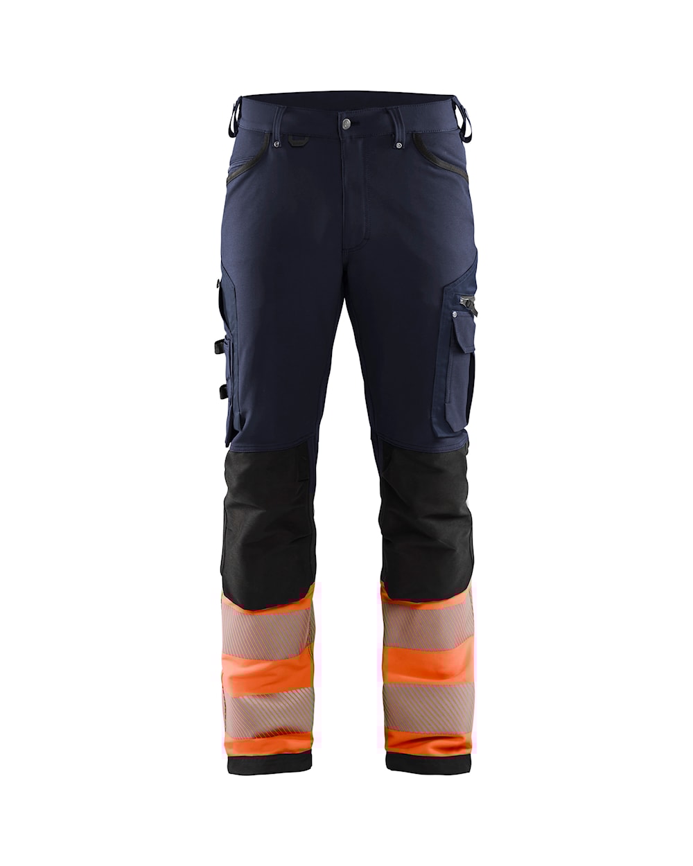 High Vis Arbeitshose 4-Wege Stretch ohne Nageltaschen Marineblau / Orange, vorn, DB Schenker High Vis Arbeitshose 4-Wege Stretch ohne Nageltaschen Marineblau / Orange, vorn, DB Schenker