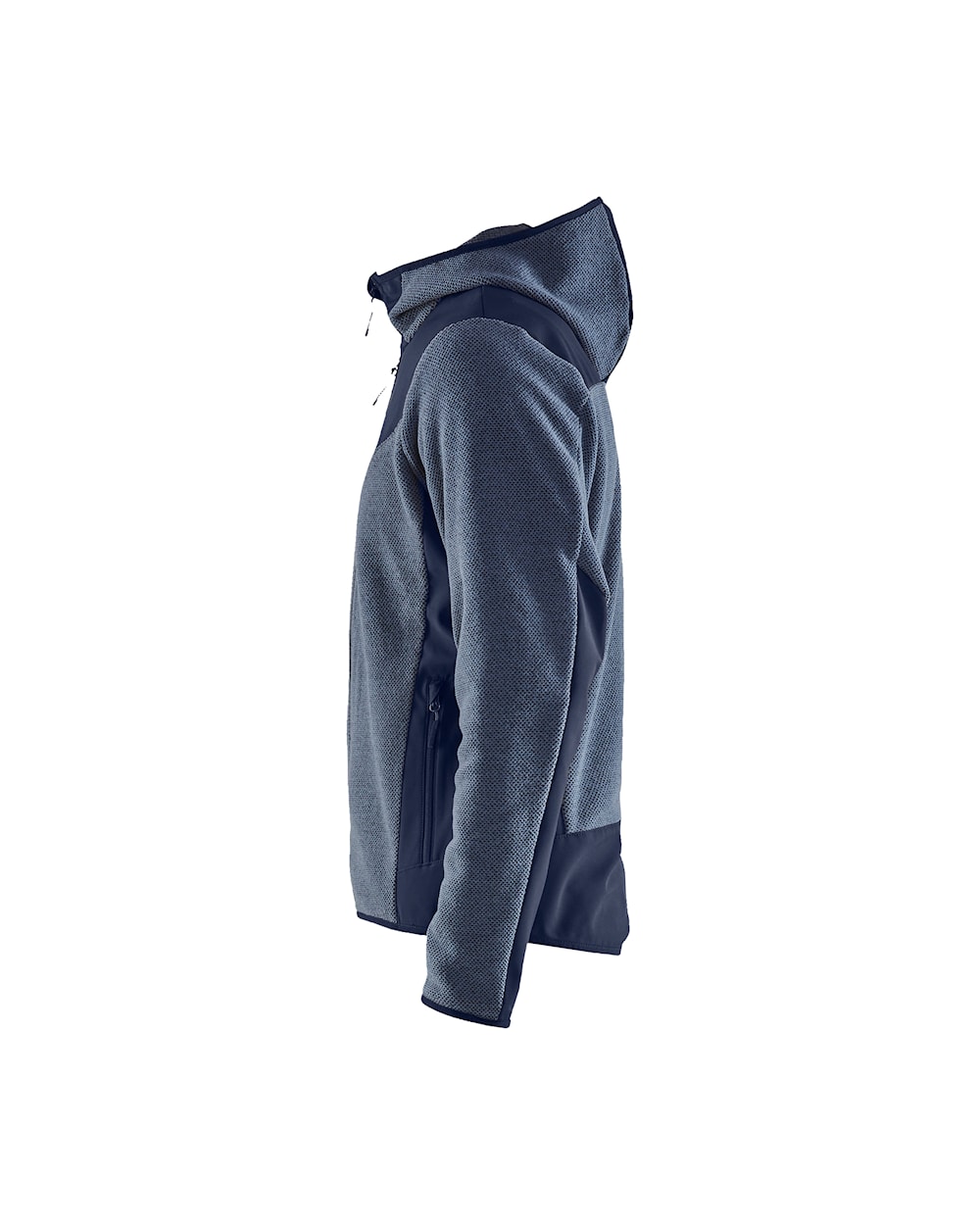 Softshell-Strickjacke in grau/blau mit schwarzen Akzenten, Ansicht von links