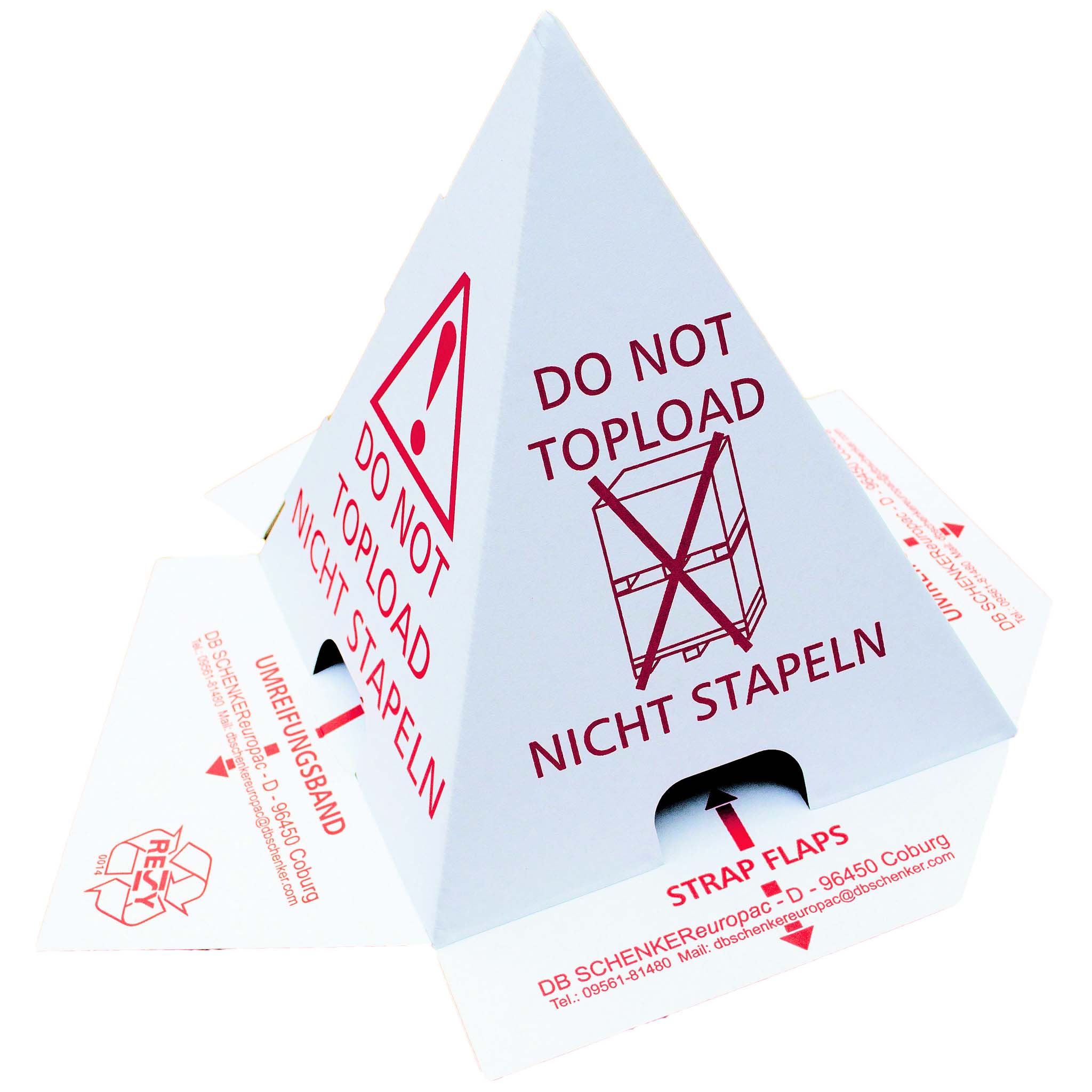 Stapelschutzpyramide Stapelschutzpyramide von vorn bei der die Seite mit der Beschriftung DO NOT TOPLOAD NICHT STAPELN zu sehen ist