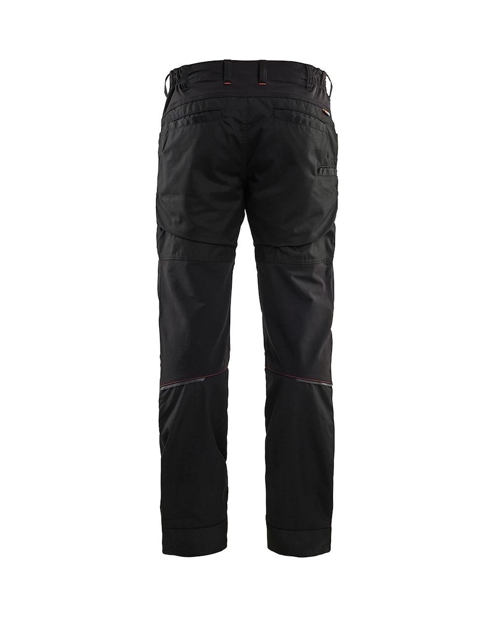 Schwarze Hose mit gelbenAkzenten und mehreren Taschen, einschließlich großer Taschen an den Oberschenkeln.