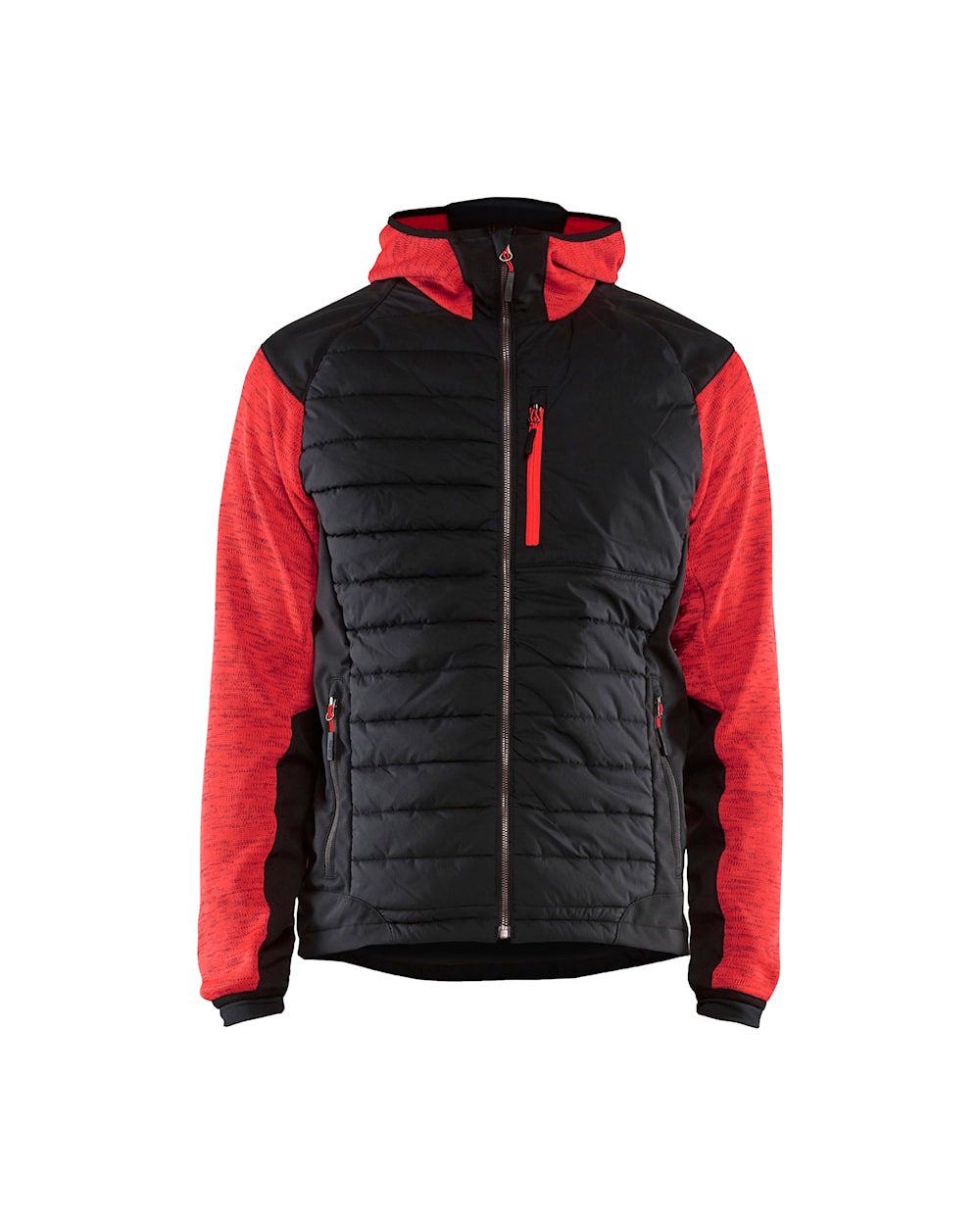 Hybrid Jacke rot / schwarz vorn Jacke mit Kapuze in Schwarz mit roten Akzenten, Ansicht von vorn