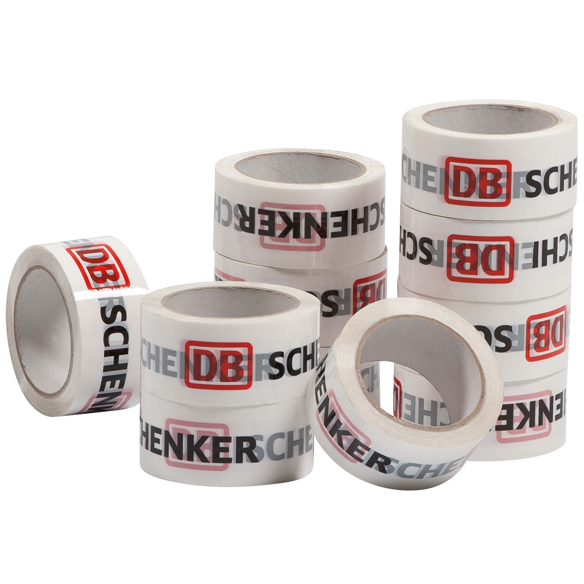 Selbstklebeband Ansicht von vorn auf eine Anordnung von 11 Klebebändern, bedruckt mit Firmenlogo