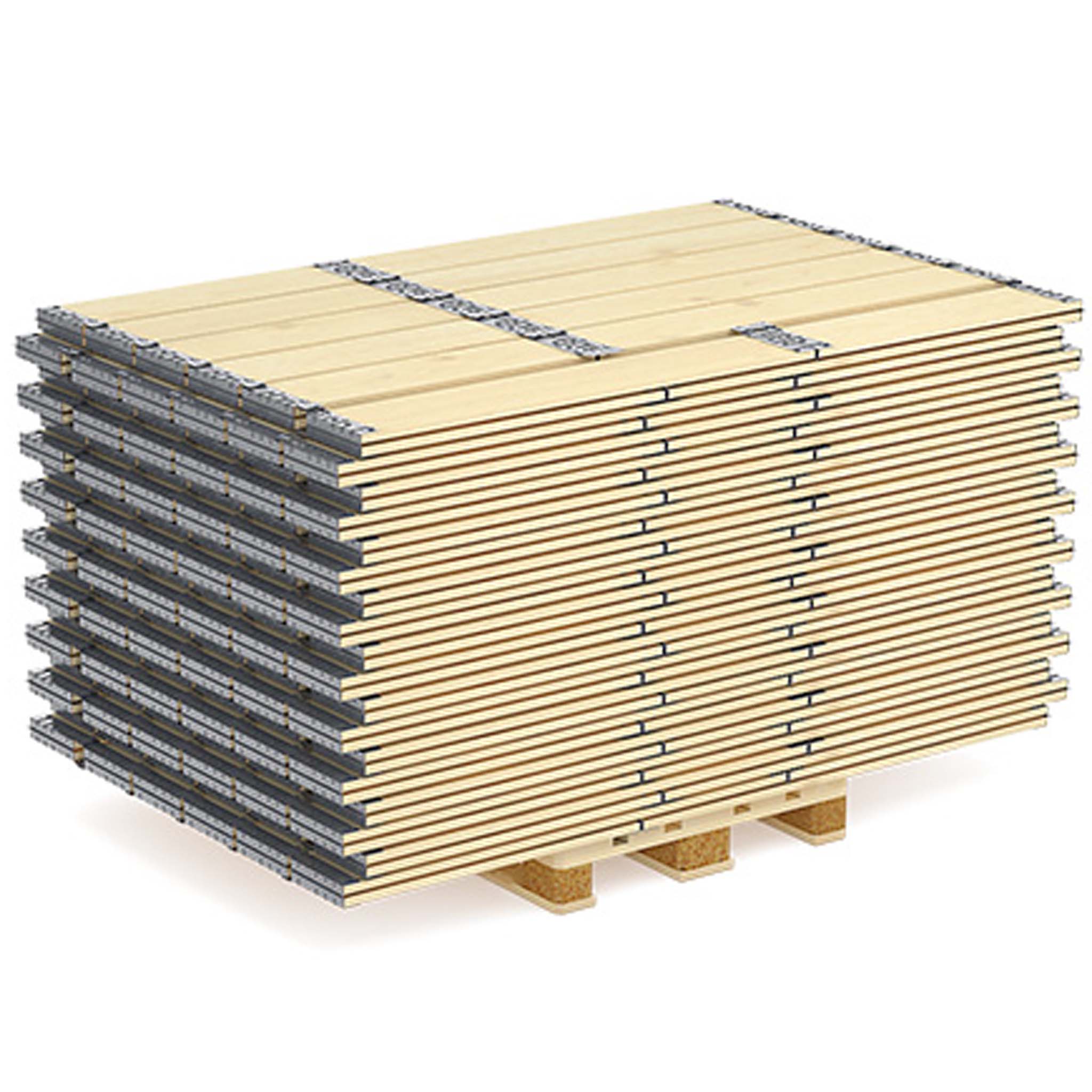 Holzaufsatzrahmen Beispielhaftes Bild einer Anlieferung von Holzaufsatzrahmen. Schräg oben ist eine Trägerpalette zu sehen, auf der sehr viele Holzaufsatzrahmen liegend zu sehen sind. Die Rahmen stehen pro Längsseite der Palette ca. eine Palettenlänge der Kurzseite über.