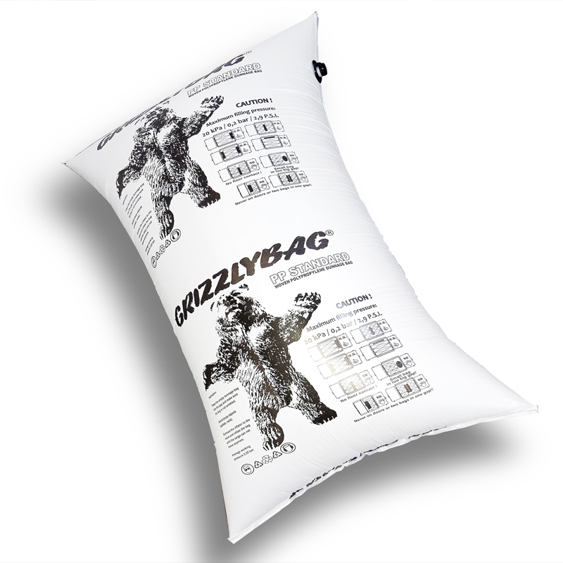 Stausack - GrizzlyBag® PP-Gewebe STANDARD Seitenbefüllung Ansicht auf einen aufgeblasenen Staupolstersack von oben .Auf dem Sack sind zwei Grizzlybären und Piktogrammen zu sehen