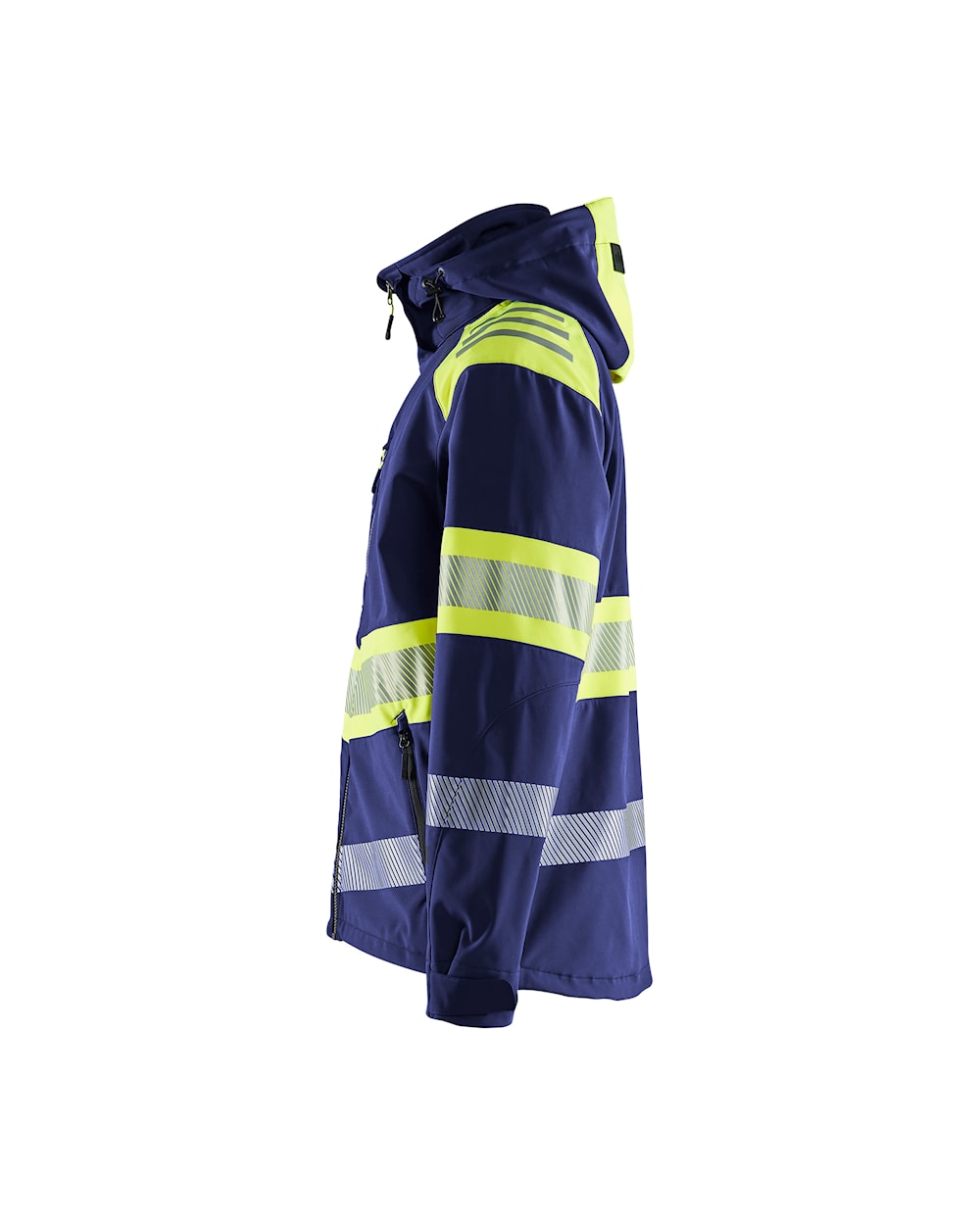 High Vis Softshell Jacke mit Kapuze marineblau / high vis gelb Seite links High Vis Softshell Jacke mit Kapuze marineblau / high vis gelb Seite links