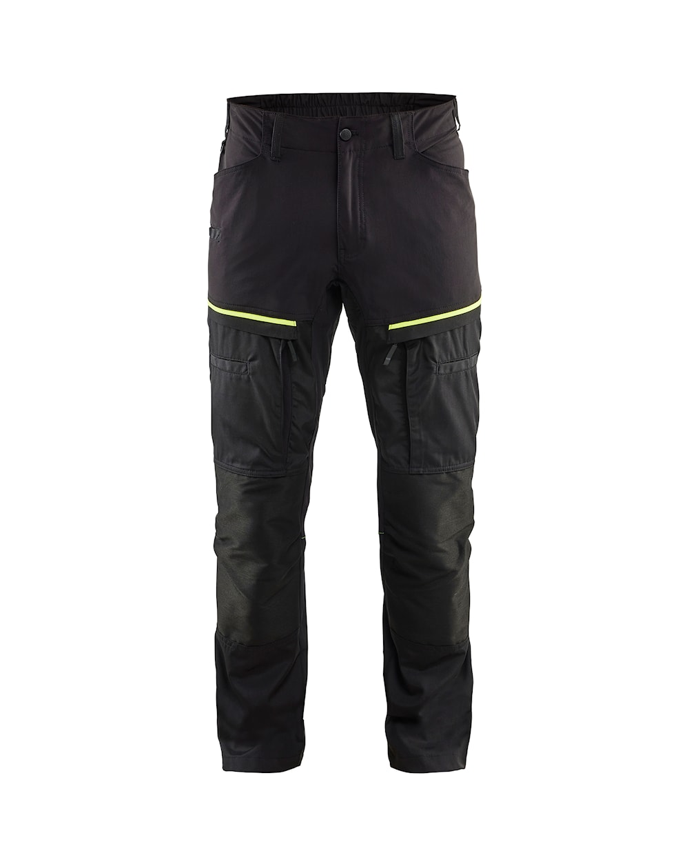 Service Arbeitshose mit Stretch Schwarz / Gelb vorn Schwarze Hose mit gelben Akzenten und mehreren Taschen, einschließlich großer Taschen an den Oberschenkeln.