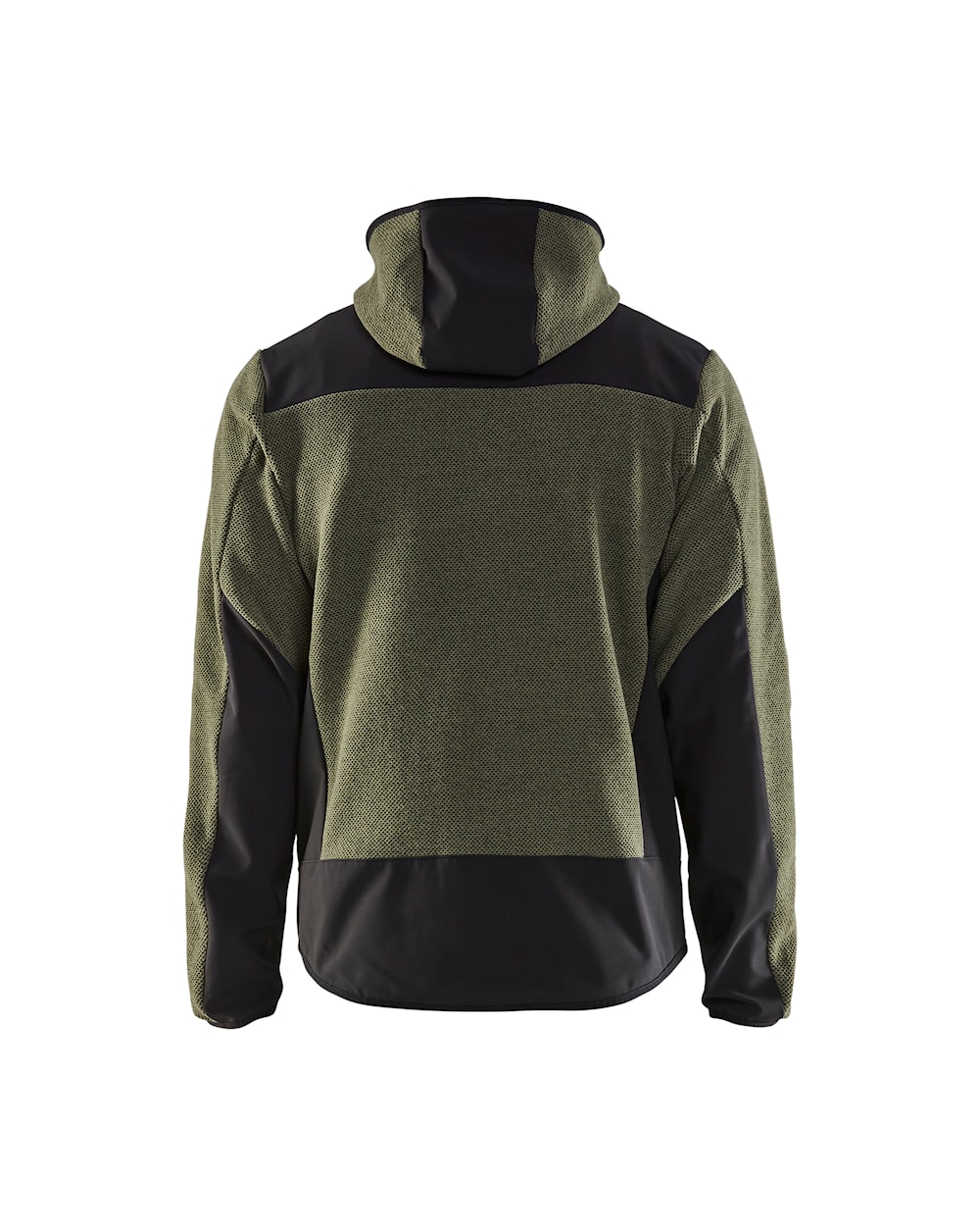 Softshell-Strickjacke in Dunkelgrün mit schwarzen Akzenten, Ansicht von hinten